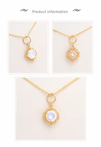 Detailed macro view of S925 silver gold-plated pendant with white crystal and shell inlay