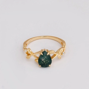 925 Sterling Silver Gold Ring with Moss Agate Pear Gemstone and Leaf Zircon Details