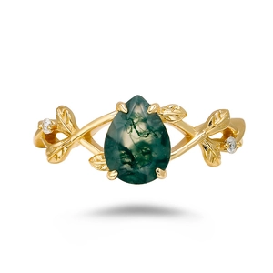 Golden moss agate ring with pear-cut stone and leaf accents on 925 sterling silver band
