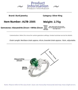 Detail van peervormige alexandriet en 14k goud vergulde zilveren ring met bladstructuur