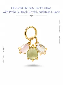 Close-up of S925 silver 14K gold pendant with prehnite white crystal and rose quartz stones