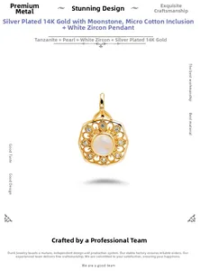 Macro detail of S925 silver 14K gold pendant with moonstone and white zircon