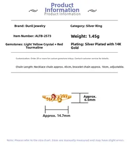 Detailed size specifications for S925 silver ring with tourmaline and citrine stones