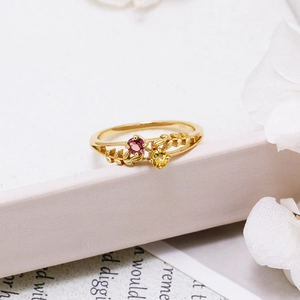 Elegant S925 silver gold-plated ring featuring pink and yellow tourmaline leaf design
