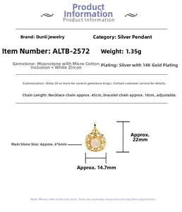 Detailed product specifications for the S925 silver gold moonstone and zircon pendant