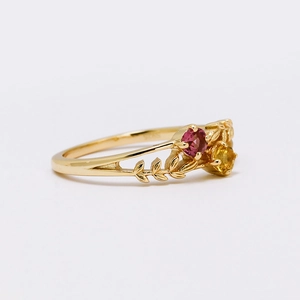 Elegant S925 silver gold-plated ring with leaf motifs and colorful tourmaline stones