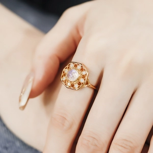 Elegant 14k gold plated S925 silver ring with blue moonstone and white zircon accents