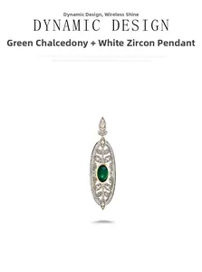 Detail of vintage oval green chalcedony pendant with white zircon and filigree pattern