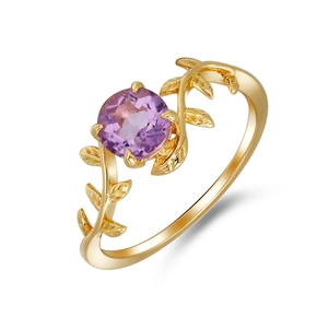 Elegant vine leaf ring in S925 silver gold plating with a round purple amethyst stone