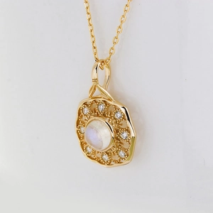 Elegant S925 silver 14k gold plated necklace with moonstone and white zircon pendant