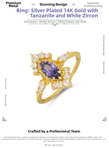Detail eines vergoldeten S925 Silberrings mit lila Marquise- und weißen Zirkonia-Steinen