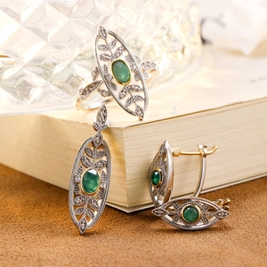 Detailed close-up of vintage S925 silver earrings with green chalcedony and zircons
