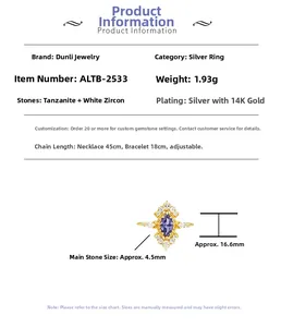 Makro-Detail des S925 Silber 14K vergoldeten Rings mit marquise-tansanit-zirkon
