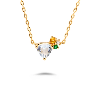 Collier doré élégant avec grand cristal bleu ciel triangulaire et pierres précieuses
