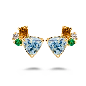 Boucles d'oreilles cluster avec topaze bleue et pierres colorées serties d'or chic