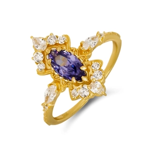 Bague luxe en argent S925 doré 14K avec pierre marquise violette et zircons blancs