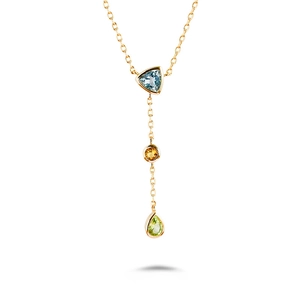 Collier en Y argent S925 avec pierres triangle bleue, ronde jaune et goutte verte