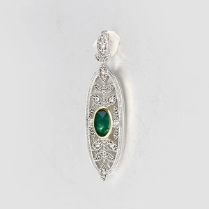 French vintage S925 silver earring with oval green chalcedony and white zircon accents