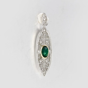 French vintage S925 silver pendant with green chalcedony and white zircon accents