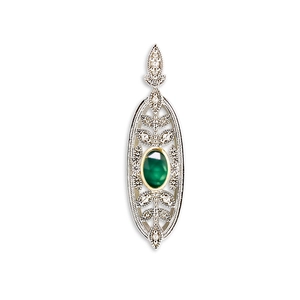 Vintage S925 silver pendant with oval green chalcedony and white zircon leaf design