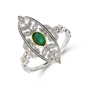 Bague vintage en argent S925 avec calcédoine verte et design de feuille creuse dorée