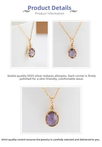 Vista dettagliata della collana in argento S925 placcato oro 14K con gemma viola