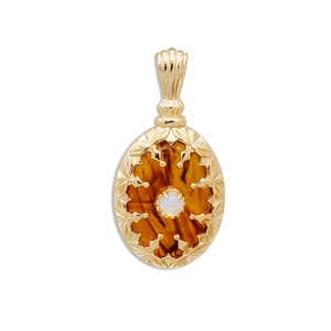 Pendentif vintage en argent doré avec ambre ovale et petite pierre d'opale blanche
