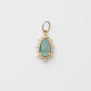 Pendentif goutte vintage en or avec pierre naturelle bleu paon et zircons blancs