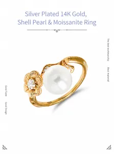 Detailed view of S925 silver lotus ring with shell pearl and moissanite inlay