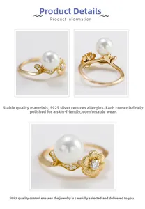 Macro detail of gold lotus ring featuring white shell pearl and inlaid moissanite accents