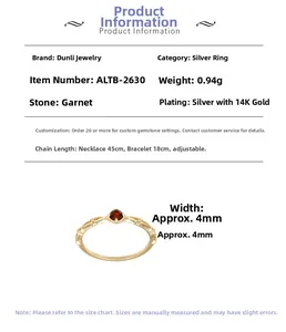 Detail view of S925 sterling silver ring with garnet stone and gold plating specifications