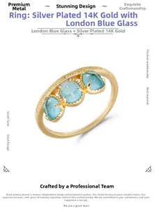 Macro detail of S925 sterling silver ring with 14K gold plating and blue rose-cut stones