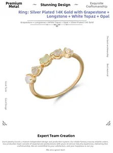 Vista macro de anillo en plata S925 bañada en oro 14K con labradorita y ópalo