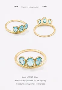 Detailed views of gold-plated S925 silver ring featuring three blue teardrop gemstones