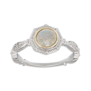 Retro S925 sterling silver gold plated ring with round labradorite and floral engraving