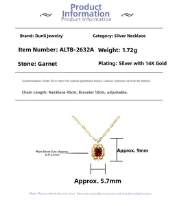 Detail showing 9x5.7mm garnet pendant dimensions and 1.72g S925 silver weight specs