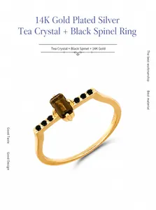 Detailed macro view of S925 engraved silver ring with smoky quartz and black spinel stones