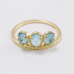 Vintage S925 Sterling Silver 14K Gold Plated Ring For Women Retro Three Blue Rose Cut Glass Stone Adjustable Band Ring Jewelry