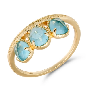 Retro S925 silver gold-plated ring with three rose-cut light blue gems and woven texture