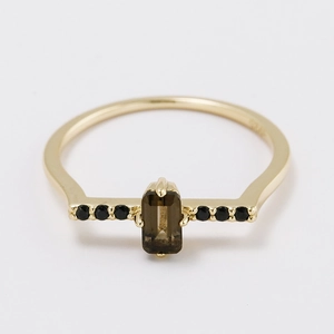 S925 silver gold plated ring featuring octagonal smoky quartz and black side stones