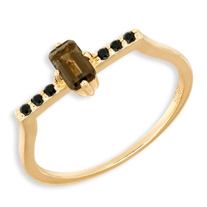 S925 silver gold-plated ring with octagonal smoky quartz and black stones