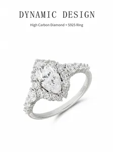 Detailed macro view of S925 sterling silver stamp and marquise cut high carbon diamond ring
