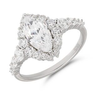 Elegant marquise-cut S925 sterling silver ring with sparkling side stones and halo design