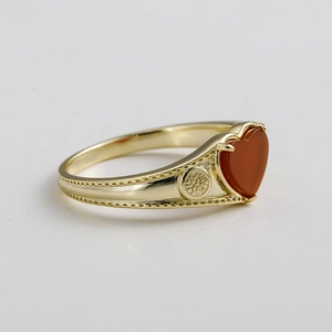 S925 sterling silver gold plated ring featuring a red heart agate stone and beaded band