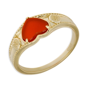 Vintage S925 gilded silver ring with heart-shaped red agate stone and dotted edge