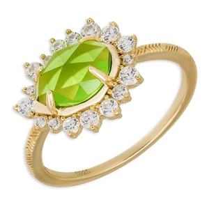 Anello in argento S925 placcato oro con quarzo verde ovale e aureola di diamanti