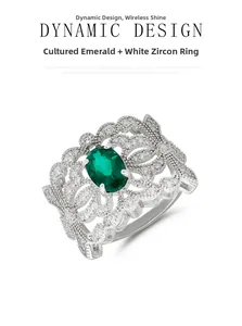 Macro shot of S925 silver ring featuring an emerald green gemstone with white zircon accents