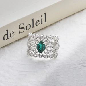 Bague en Argent Sterling S925 Émeraude de Culture Style Palais Vintage Filigrane Floral Bijoux Pour Femmes