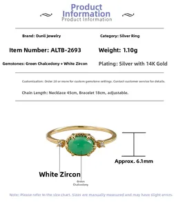 Detail view of S925 silver 14K gold ring with green chalcedony and white zircon stones