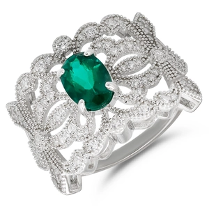 Bague de luxe en argent S925 avec émeraude et motif filigrane en dentelle vintage